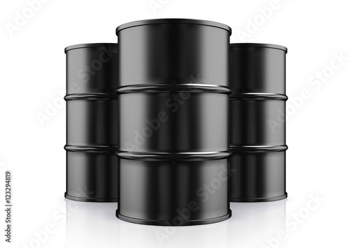 3D illustration of Black Metal Oil Barrels on White Background. Fototapeta