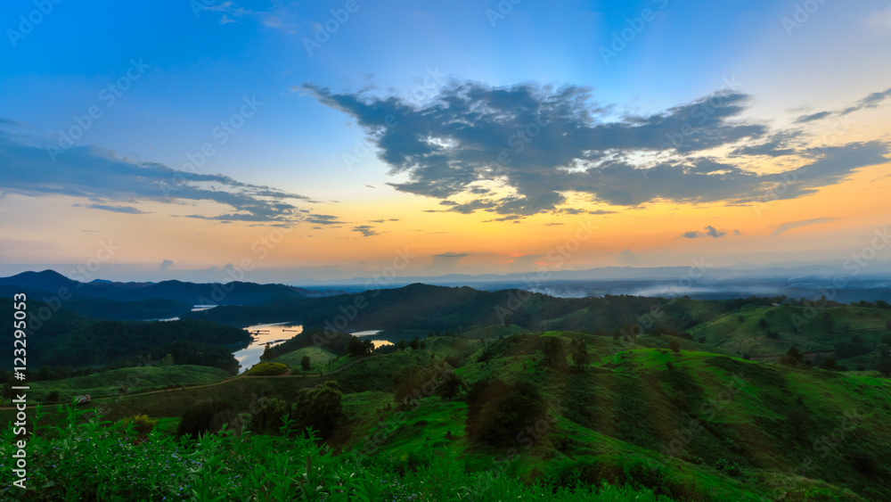 The mountain landscape view on sunset at