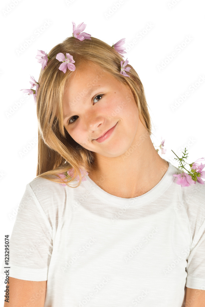 Young girl with white t-shirt and flowers Young girl with white t-shirt and flowers