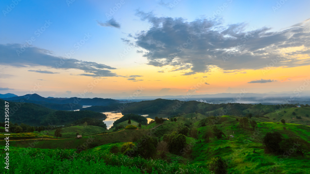 The mountain landscape view on sunset at 