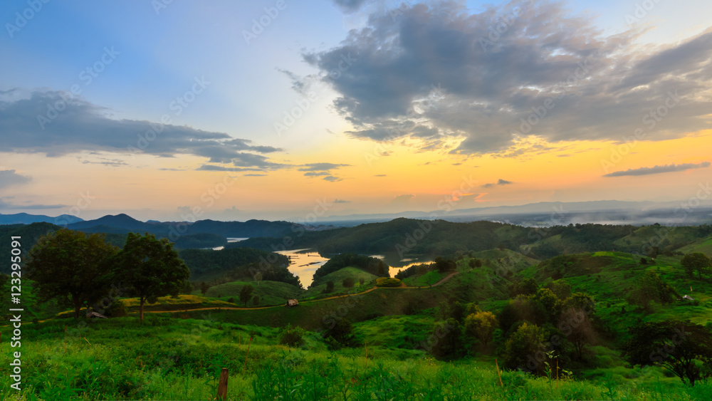 The mountain landscape view on sunset at