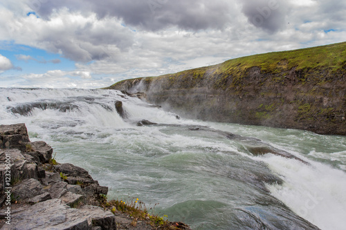 Iceland waterfall with cloudy sky