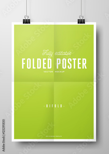 folded poster vector eps mockup with paper clips - fully editable template of a poster hanging in front of a wall, folded three times / trifold