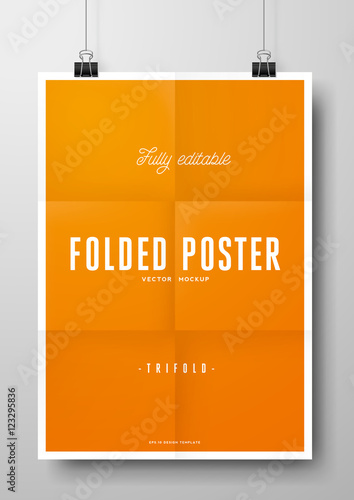 folded poster vector eps mockup with paper clips - fully editable template of a poster hanging in front of a wall, folded three times / trifold