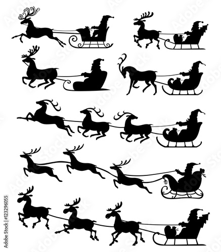 Christmas silhouette Santa Claus riding on reindeer sleigh set i