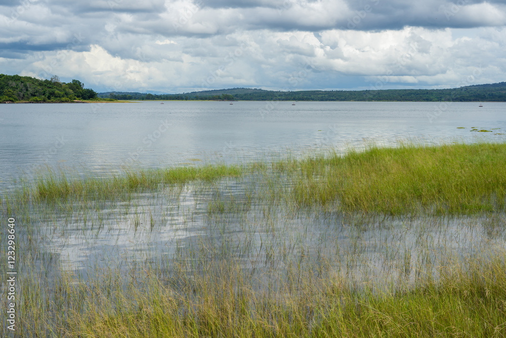Fototapeta premium Grass, water and clouds at Sirindhorn dam, Thailand