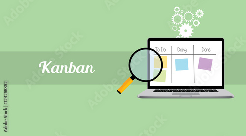 kanban workflow project management with laptop and magnifying glass  stick notes