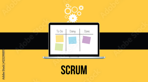 scrum methodology with laptop and sticky notes  yellow background