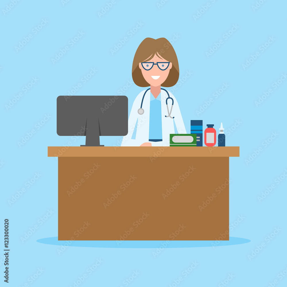 Doctor in the cabinet. Funny smiling female doctor sitting in the medical cabinet. Medical treatment, first aid. Doctor in the cabinet. Funny smiling female doctor sitting in the medical cabinet. Medical treatment, first aid.