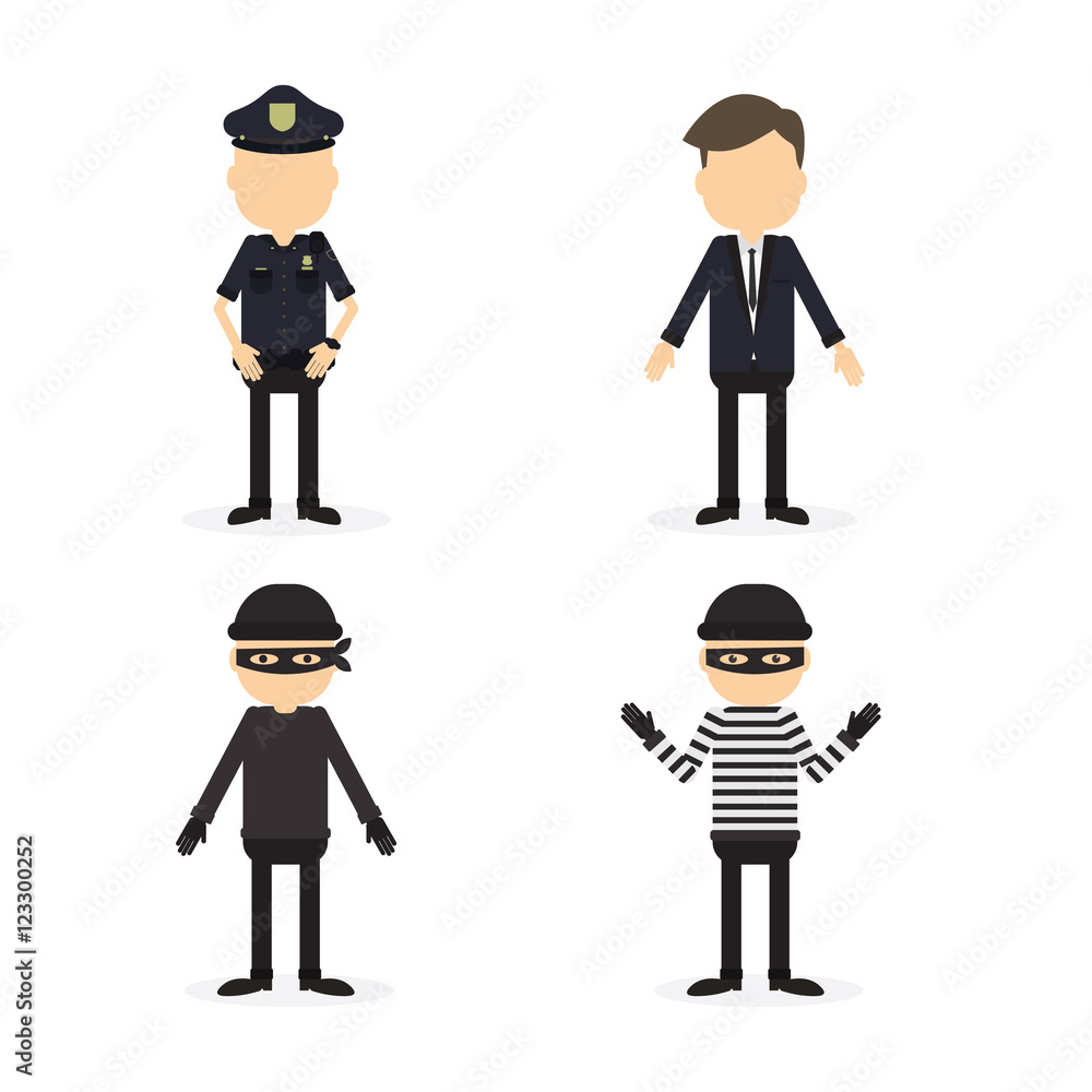 Police and crime set. Isolated funny cartoon character on white background. Robber, thief and two police officers.