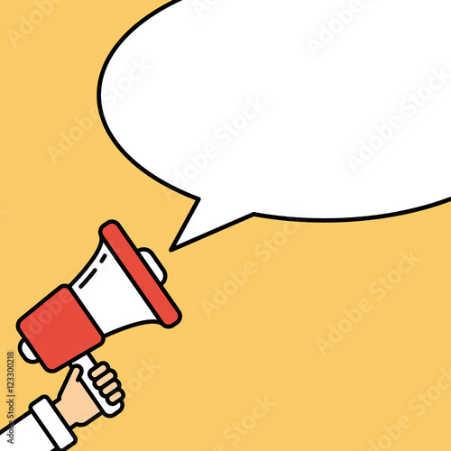 Go vote concept. Hand with megaphone on bright orange background with speech bubble. Presidential campaign.