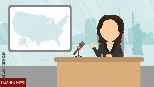 Breaking news on tv. Female news reporter with microphone sitting at the table. Latest information. Tv screen with headline.