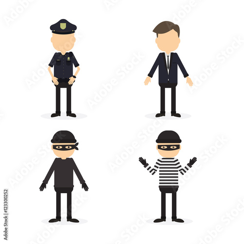Police and crime set. Isolated funny cartoon character on white background. Robber, thief and two police officers.