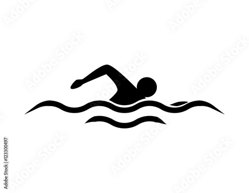 Isolated swim icon. Black silhouette of man swimming in the waves. Concept of swimming pool, summer competition and more.
