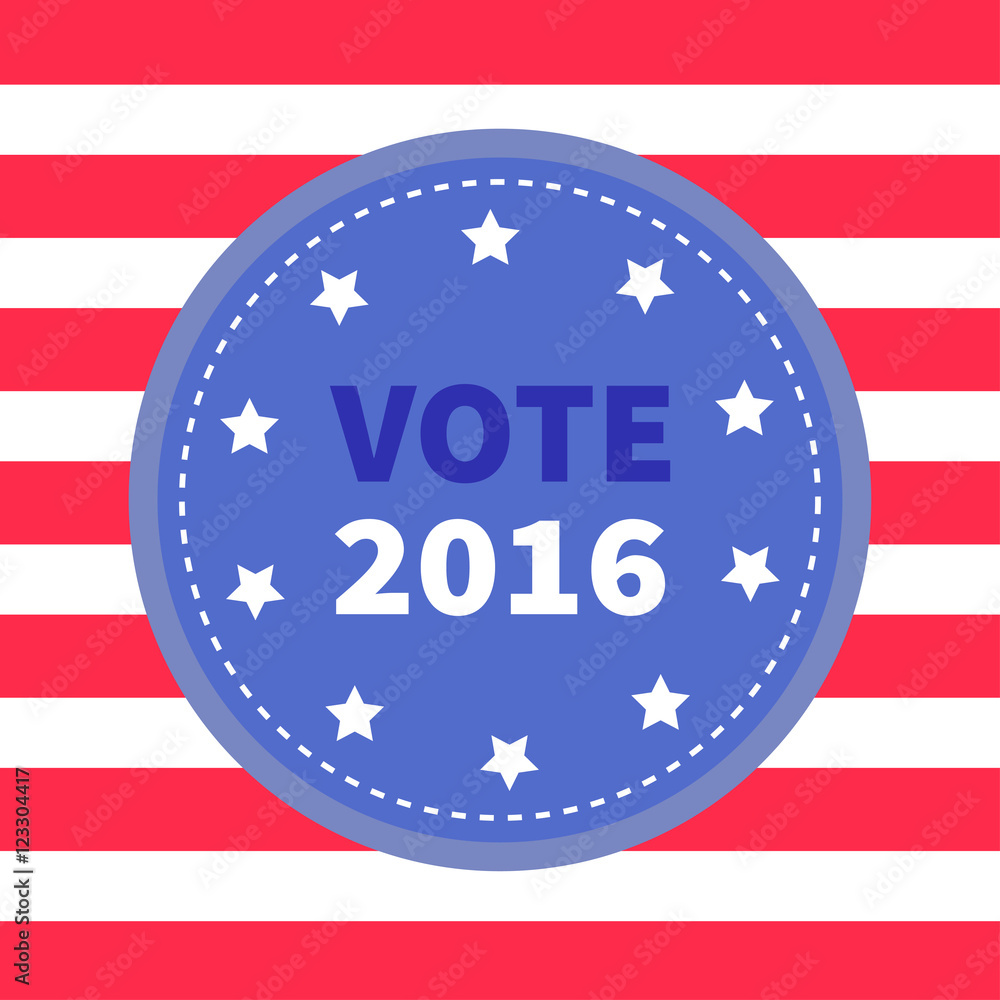 Blue badge with striped red white line background. Award button icon. Star and strip President election day 2016. Voting concept. American flag. Isolated Card Flat design Blue badge with striped red white line background. Award button icon. Star and strip President election day 2016. Voting concept. American flag. Isolated Card Flat design