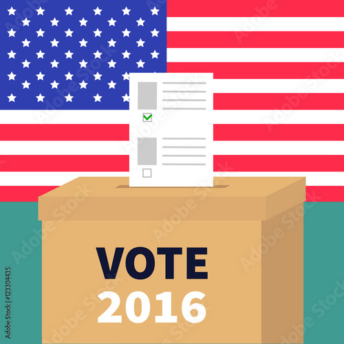 Ballot Voting box with paper blank bulletin concept. Polling station. President election day Vote 2016. American flag on the wall. Isolated Green background Flat design Card