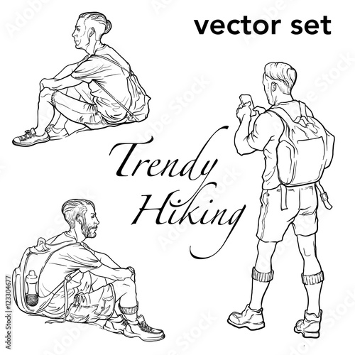 Set of 3 sketched man figures. Hipster style looking young backpackers sitting and standing. Sketch and white silhouette isolated on white background. EPS10 vector illustration.