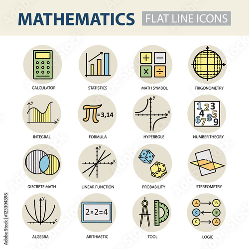 Set of modern thin line icons for math.