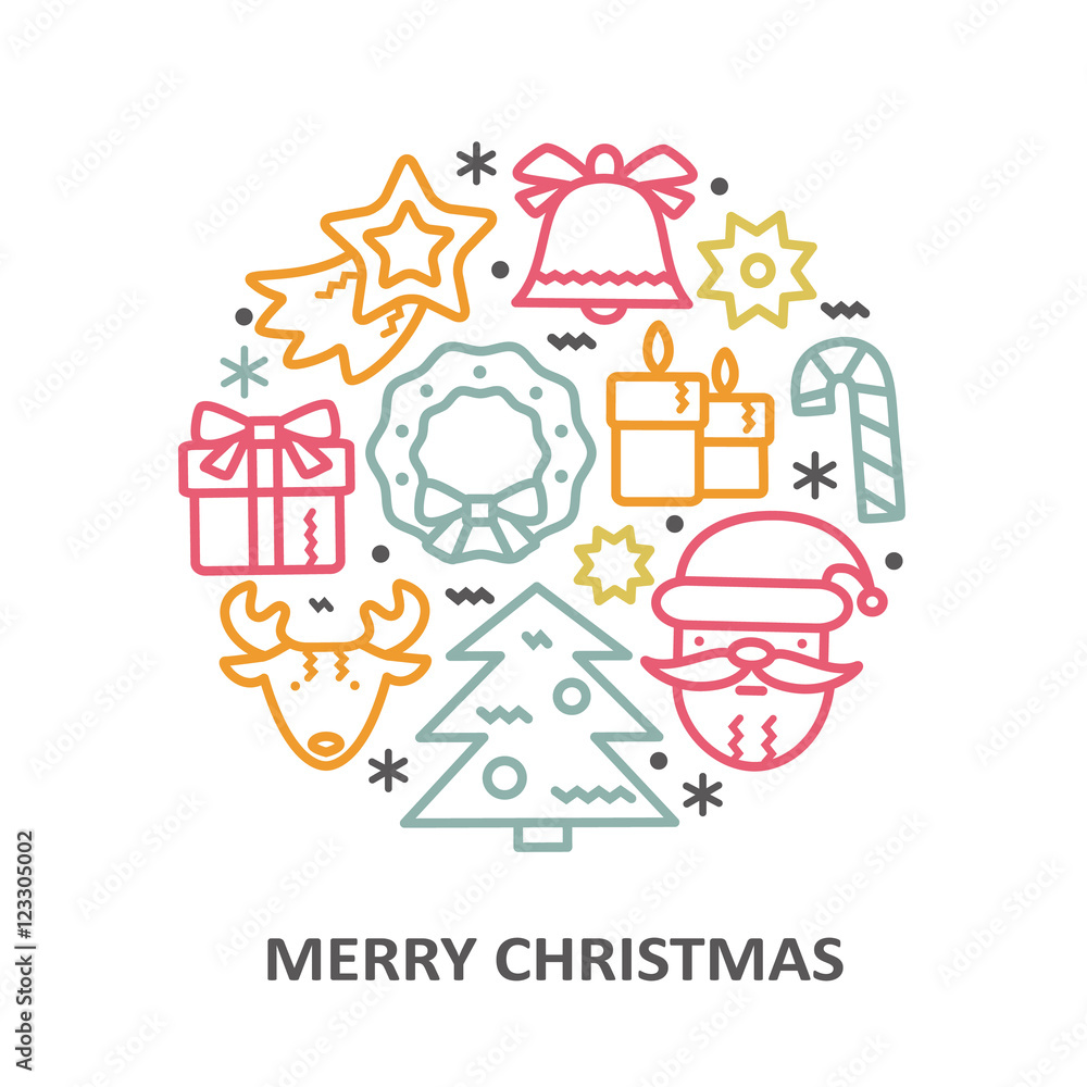 Christmas greeting card with line icons elements.