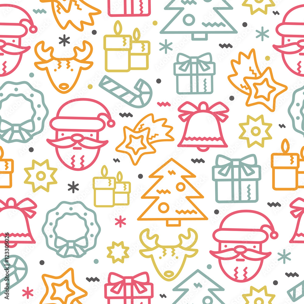 Fototapeta premium Christmas seamless pattern with line icons elements.
