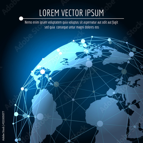 Vector global connection abstract background. Internet 3d network business globalization concept with world map