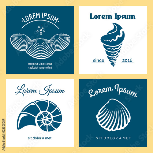 Vector oyster shell, scallop and seashells nautical logo templates set