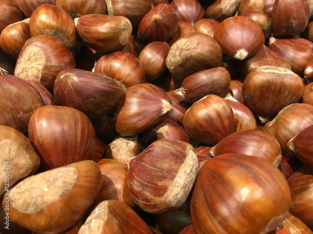 Group of chestnuts illuminated by a light side. Dark background. Autumn background. Group of chestnuts illuminated by a light side. Dark background. Autumn background.