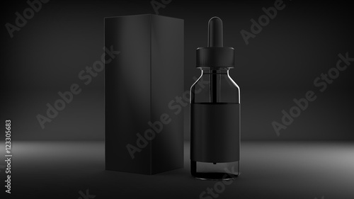 E cigarettes Liquid Bottle with box on black background. Vape. 3d illustration.