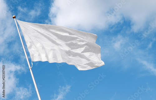 White blank flag waving in the wind against cloudy sky photo