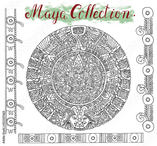 Graphic set with maya calendar circle and mystic symbols