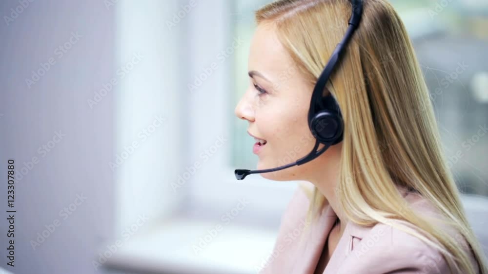 businesswoman with headset talking at office businesswoman with headset talking at office