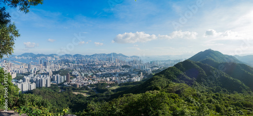 Photography aerial view with Hong Kong skyline and urban skyscrapers in the