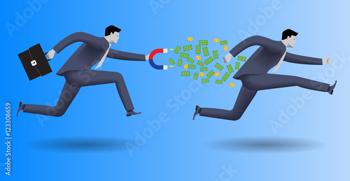 Debt collector business concept. Confident businessman in business suit with magnet in one hand and case in other chases another businessman and pulls money out of him.