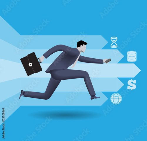 Digital market race business concept. Confident businessman in business suit with case in one hand and smart phone in other runs in race on global digital market created from money and data.