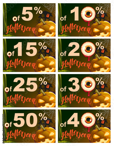 Set 5 to 50 percent discount Halloween. Sales pumpkin lantern, cobweb, old house and eye on dark background