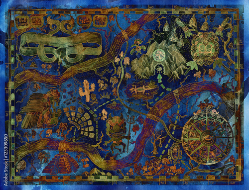 Styled blue vintage map of fantasy land with with pirate treasures
