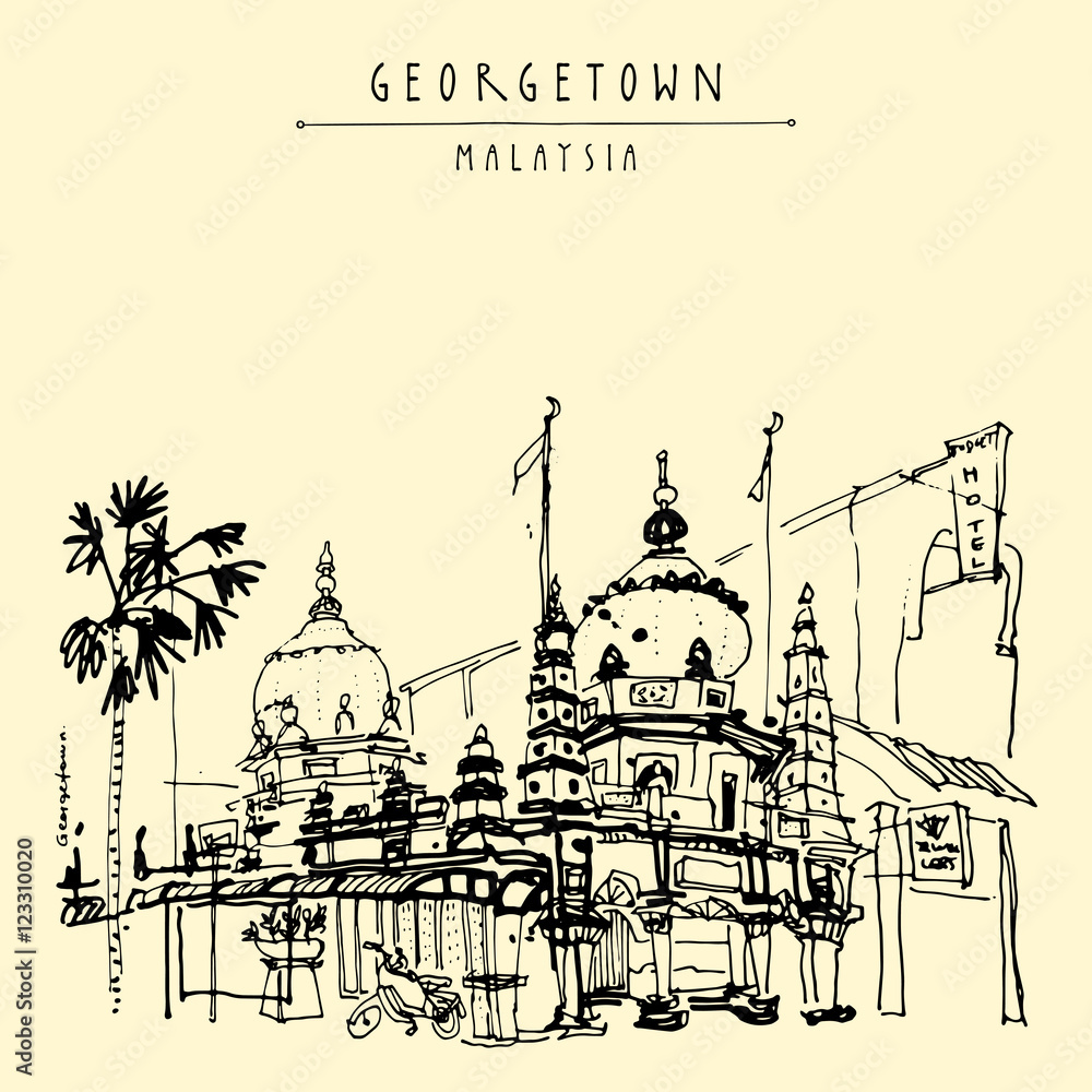 Fototapeta premium A mosque and palm trees in old part of Georgetown, Penang, Malaysia, Southeast Asia. Chulia street. Hand drawing. Travel sketch. Book illustration, postcard or poster