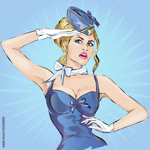 Pin up sexy stewardess in blue uniform saluting. Pop art hand drawn vector illustration
