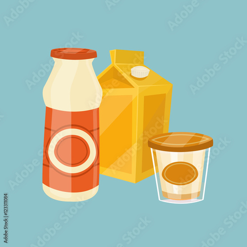 Assortment of dairy products isolated on blue background, vector illustration. Nutritious and healthy milk products. Natural and healthy food. Organic farmers products. Dairy icon.