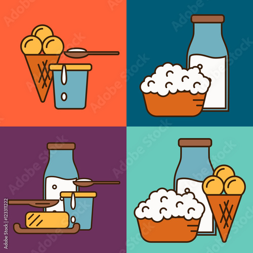 Assortment of different dairy products, isolated square composition on color background, vector illustration in line style design. Nutritious and natural healthy food. Organic farmers products.