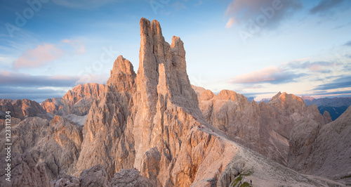 Sunset over the Vajolet towers in Dolomites