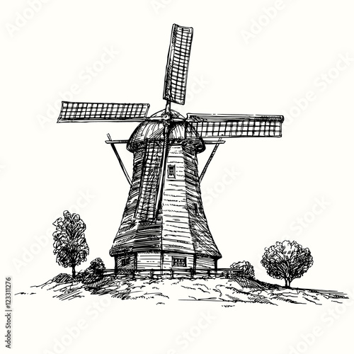 Holland windmill. Hand drawn illustration