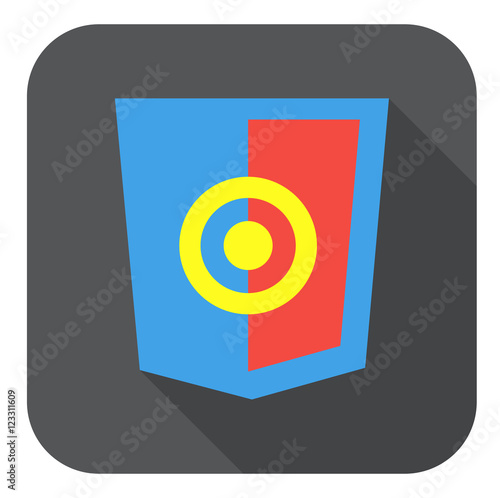vector web development shield sign html5 javascript aim symbol icon on grey badge with long shadow