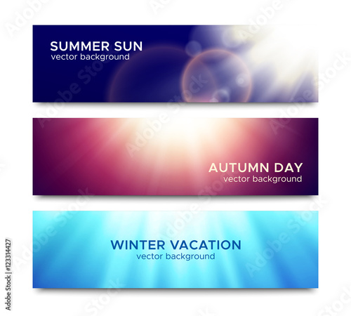 Set of horizontal banners with bright sun rays abstract background for website header or night party flyer template. Vector illustration