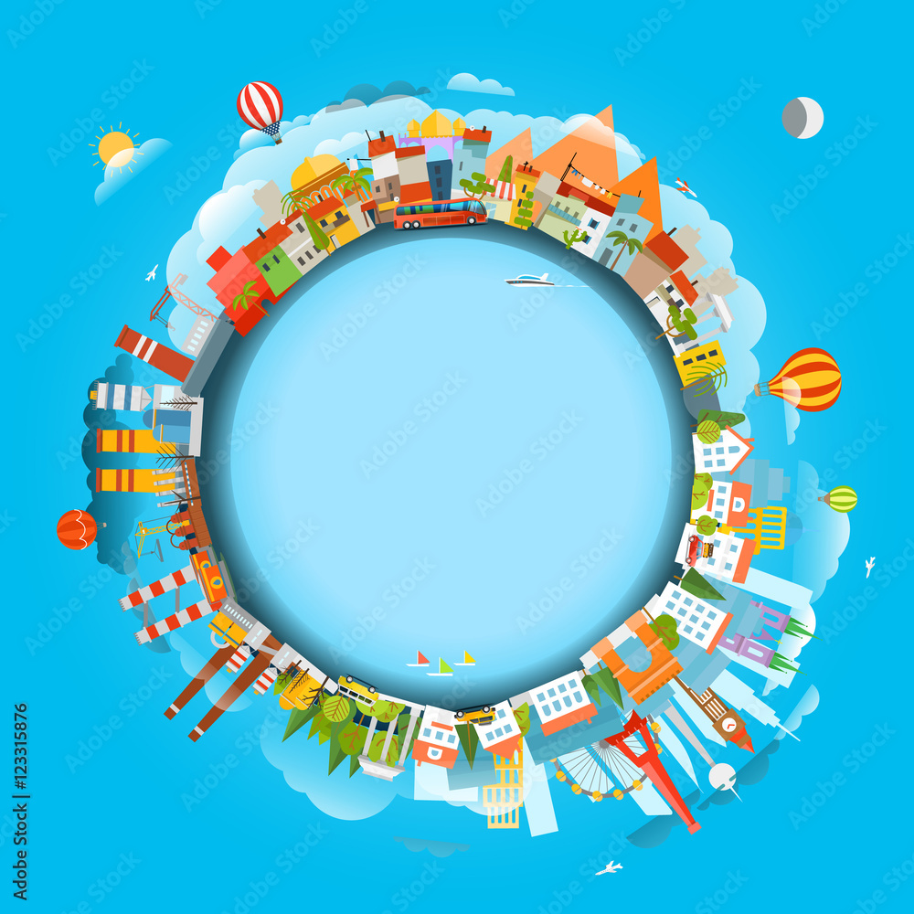 The Earth and different locations. Travel concept vector illustr