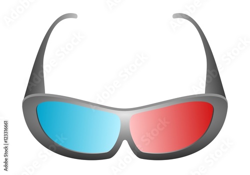Front view of black design 3D movie glasses for cinema and 3D TV with blue and red glass on a white background