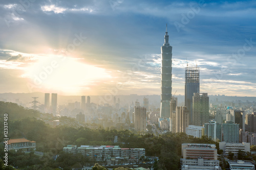 Taipei cityscape in sunset with dramatic sky and Taipei 101, skyscraper in Taiwan.