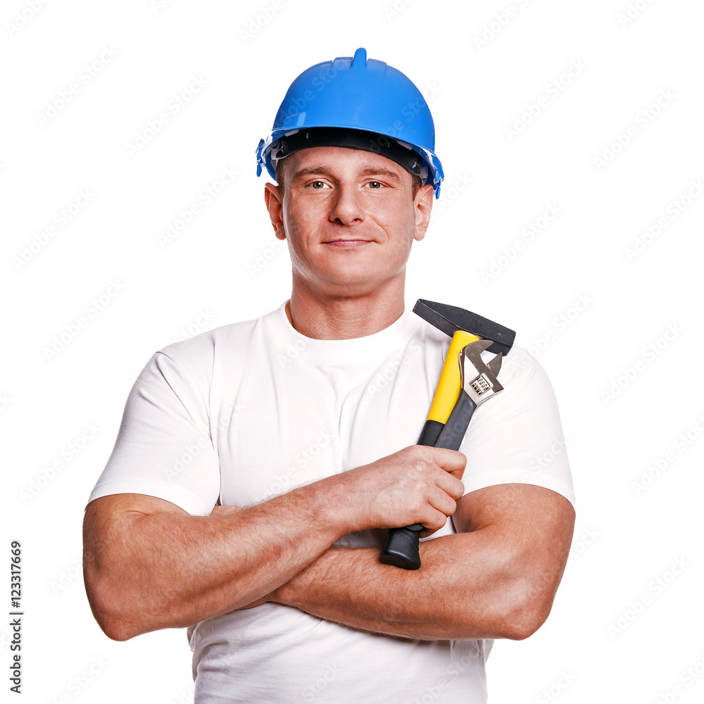 smiling handyman on white background fine portrait. smiling handyman on white background fine portrait.