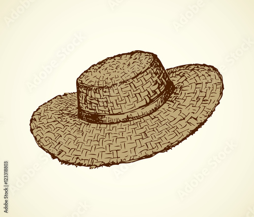 Vector monochrome line drawing of a straw hat