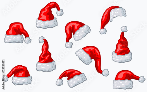 Set: Rot-weiße Comic-Weihnachtsmützen / Vektor, freigestellt